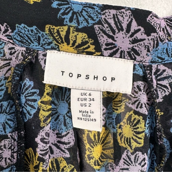 Topshop Floral Ruffle Sheer Blouse Women's Size 2 Black Multicolor Long Sleeve - Picture 3 of 5